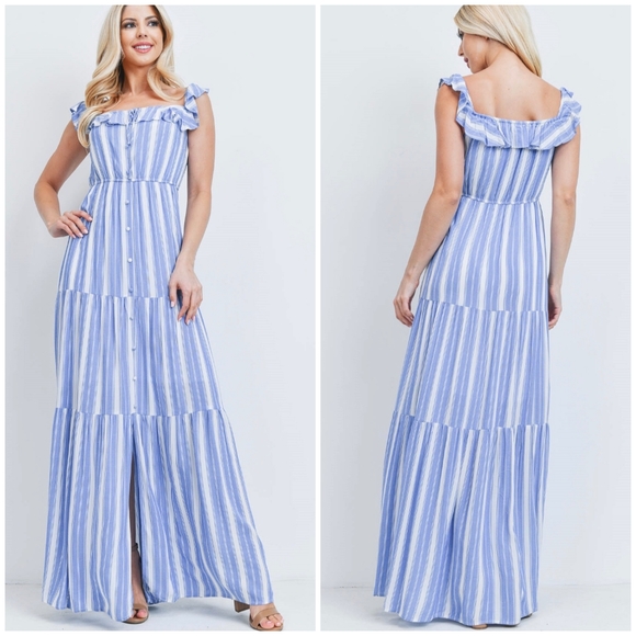 LAST 1❗PINK BLUSH Feminine Chic Blue White Stripes Tired Maxi Dress - Picture 6 of 6